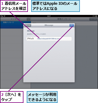 1 着信用メールアドレスを確認,2［次へ］をタップ　　,メッセージが利用できるようになる,標準ではApple IDのメールアドレスになる　　