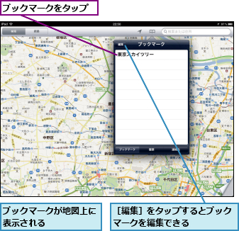 ブックマークが地図上に表示される　　　　　　,ブックマークをタップ　　　,［編集］をタップするとブックマークを編集できる　　　　　