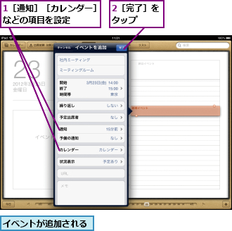 1［通知］［カレンダー］などの項目を設定　　　,2［完了］をタップ　　,イベントが追加される