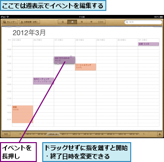 ここでは週表示でイベントを編集する,イベントを長押し　　,ドラッグせずに指を離すと開始・終了日時を変更できる　　　