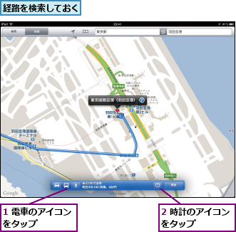 1 電車のアイコンをタップ　　　　　,2 時計のアイコンをタップ　　　　　,経路を検索しておく