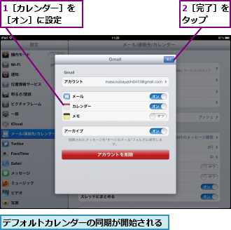 1［カレンダー］を［オン］に設定　　,2［完了］をタップ　　,デフォルトカレンダーの同期が開始される