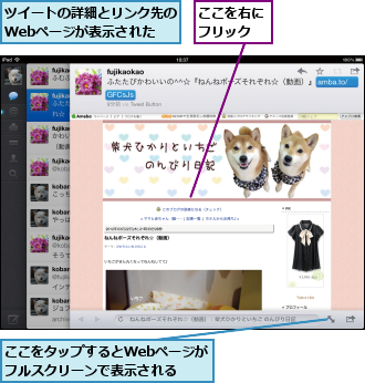 ここをタップするとWebページがフルスクリーンで表示される,ここを右にフリック,ツイートの詳細とリンク先のWebページが表示された