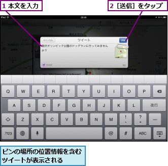 1 本文を入力,2［送信］をタップ,ピンの場所の位置情報を含むツイートが表示される　　