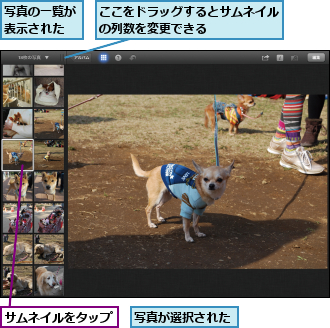 ここをドラッグするとサムネイルの列数を変更できる　　　　　,サムネイルをタップ,写真が選択された,写真の一覧が表示された