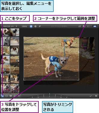 1 ここをタップ,2 コーナーをドラッグして範囲を調整,3 写真をドラッグして位置を調整　　　　　,写真がトリミングされる　　　　,写真を選択し、編集メニューを表示しておく　　　　　　　