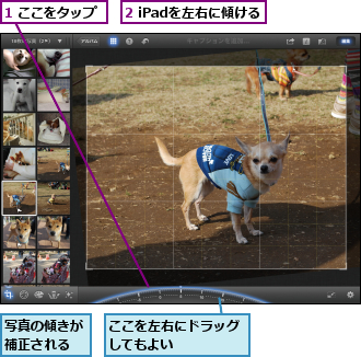1 ここをタップ,2 iPadを左右に傾ける,ここを左右にドラッグしてもよい　　　　　,写真の傾きが補正される