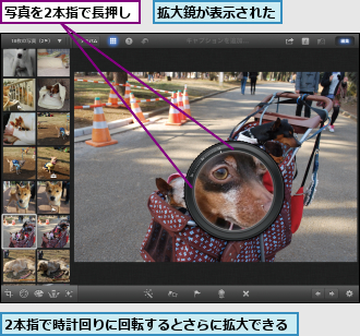 2本指で時計回りに回転するとさらに拡大できる,写真を2本指で長押し,拡大鏡が表示された