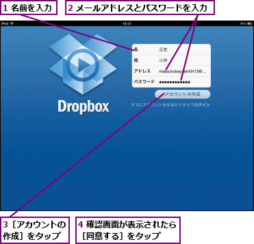 1 名前を入力,2 メールアドレスとパスワードを入力,3［アカウントの作成］をタップ,4 確認画面が表示されたら［同意する］をタップ  