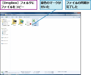 ファイルの同期が完了した    ,緑色のマークが付いた    ,［Dropbox］フォルダにファイルをコピー