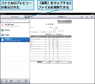 ファイルのプレビューが表示された    ,［編集］をタップするとファイルを削除できる