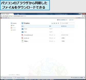 パソコンのブラウザから同期した ファイルをダウンロードできる