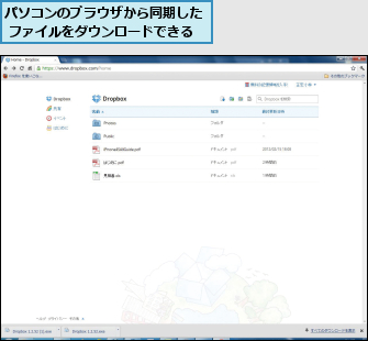 パソコンのブラウザから同期した ファイルをダウンロードできる