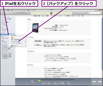 1 iPadを右クリック,2［バックアップ］をクリック