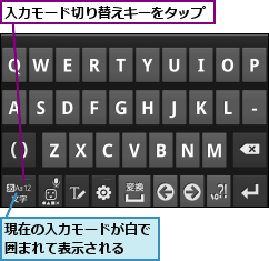 入力モード切り替えキーをタップ,現在の入力モードが白で囲まれて表示される  