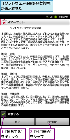1［同意する］をチェック ,2［利用開始］をタップ  ,［ソフトウェア使用許諾契約書］が表示された        