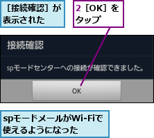 2［OK］をタップ,spモードメールがWi-Fiで使えるようになった  ,［接続確認］が表示された 