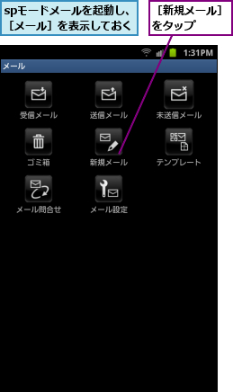 spモードメールを起動し、［メール］を表示しておく,［新規メール］をタップ   