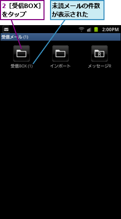 2［受信BOX］をタップ　　,未読メールの件数が表示された　　
