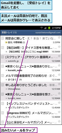 Gmailを起動し、［受信トレイ］を表示しておく           ,未読メールは背景が白地で、既読 メールは背景がグレーで表示される,読みたいメールをタップ
