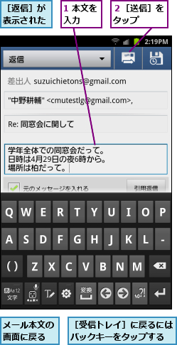 1 本文を入力  ,メール本文の画面に戻る,２［送信］をタップ  ,［受信トレイ］に戻るにはバックキーをタップする,［返信］が表示された