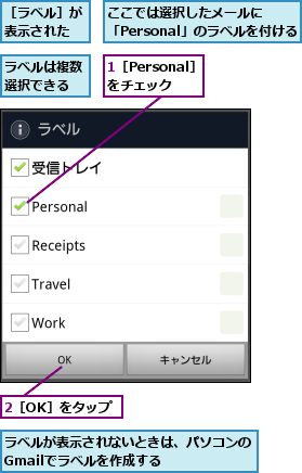 1［Personal］をチェック,2［OK］をタップ,ここでは選択したメールに　　　　　　　　「Personal」のラベルを付ける        ,ラベルが表示されないときは、パソコンの　Gmailでラベルを作成する      ,ラベルは複数選択できる,［ラベル］が表示された