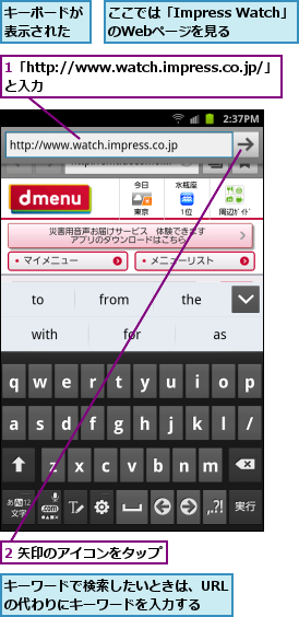 1「http://www.watch.impress.co.jp/」と入力　　　　　　　　　　　　,2 矢印のアイコンをタップ,ここでは「Impress Watch」のWebページを見る,キーボードが表示された,キーワードで検索したいときは、URLの代わりにキーワードを入力する