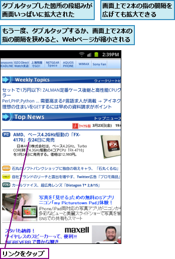 もう一度、ダブルタップするか、画面上で2本の指の間隔を狭めると、Webページが縮小される,ダブルタップした箇所の段組みが画面いっぱいに拡大された  ,リンクをタップ,画面上で2本の指の間隔を広げても拡大できる  