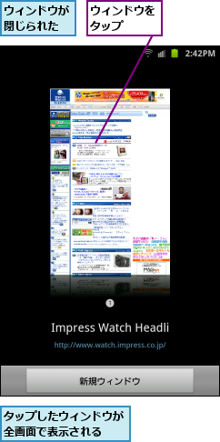ウィンドウが閉じられた,ウィンドウをタップ　　,タップしたウィンドウが全画面で表示される　　