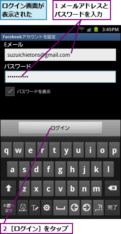 1 メールアドレスとパスワードを入力  ,ログイン画面が表示された  ,２［ログイン］をタップ