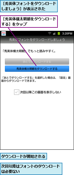 ダウンロードが開始される  ,次回以降はフォントのダウンロードは必要ない  　　　　　　　　　　　　  ,［秀英体フォントをダウンロードしましょう］が表示された  ,［秀英体横太明朝をダウンロードする］をタップ　　　　　　　  