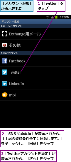 1［Twitter］をタップ　,3［Twitterアカウントを設定］が　　　　　　　　　　　　表示されたら、［次へ］をタップ        ,２［SNS 免責事項］が表示されたら、　　［上記の契約条件全てに同意します。］　　をチェックし、［同意］をタップ,［アカウント追加］が表示された　　
