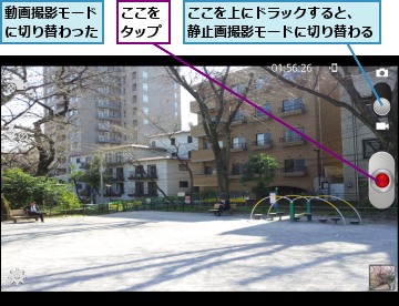 ここをタップ,ここを上にドラックすると、　　静止画撮影モードに切り替わる    ,動画撮影モードに切り替わった