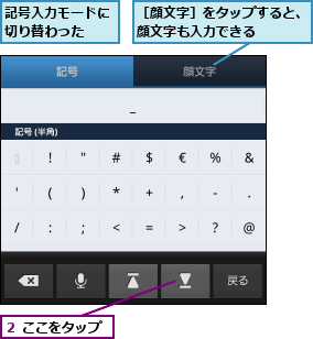 記号入力モードに切り替わった ,２ ここをタップ,［顔文字］をタップすると、顔文字も入力できる    