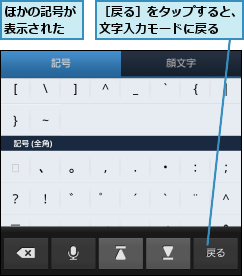 ほかの記号が表示された,［戻る］をタップすると、文字入力モードに戻る  