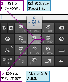 1 ［な］をロングタッチ,「ね」が入力される  ,な行の文字が表示された,２ 指を右にずらして離す