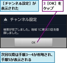 3［OK］をタップ,次回以降は手順3〜4が省略され、手順5が表示される    ,［チャンネル設定］が表示された    
