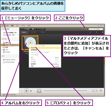 1［ミュージック］をクリック    ,2 ここをクリック,3［マルチメディアファイルを自動的に追加］が表示されたときは、［キャンセル］をクリック,4 アルバムを右クリック ,5［プロパティ］をクリック  ,あらかじめパソコンにアルバムの画像を保存しておく               