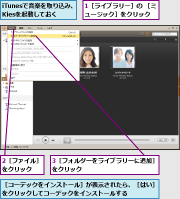 1［ライブラリー］の ［ミュージック］をクリック ,2［ファイル］をクリック ,3［フォルダーをライブラリーに追加］をクリック            ,iTunesで音楽を取り込み、  Kiesを起動しておく,［コーデックをインストール］が表示されたら、［はい］をクリックしてコーデックをインストールする    