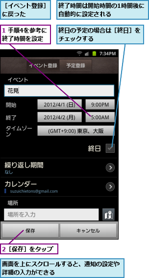 1 手順4を参考に終了時間を設定,2［保存］をタップ,画面を上にスクロールすると、通知の設定や詳細の入力ができる    　　　　　　　,終了時間は開始時間の1時間後に自動的に設定される      ,終日の予定の場合は［終日］をチェックする 　　  　 ,［イベント登録］に戻った    