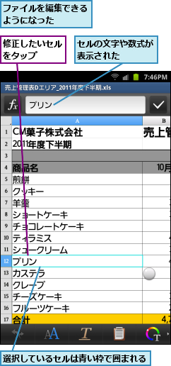 セルの文字や数式が表示された    ,ファイルを編集できるようになった    ,修正したいセルをタップ  ,選択しているセルは青い枠で囲まれる