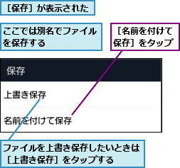 ここでは別名でファイルを保存する      ,ファイルを上書き保存したいときは［上書き保存］をタップする  ,［保存］が表示された  ,［名前を付けて保存］をタップ