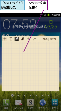 Sペンで文字を書く　　　,［Sメモライト］が起動した　　　