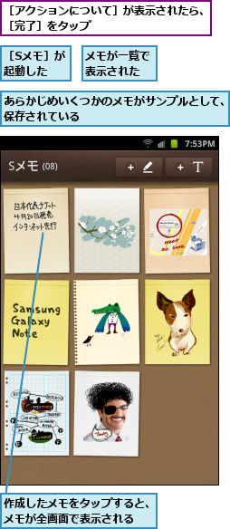 あらかじめいくつかのメモがサンプルとして、保存されている　　　　　　　　      ,メモが一覧で表示された,作成したメモをタップすると、メモが全画面で表示される  ,［Sメモ］が起動した  ,［アクションについて］が表示されたら、　［完了］をタップ　　　　　　　　　　　　　
