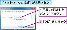 4 手順9で設定したパスワードを入力,5［OK］をクリック,［ネットワークに接続］が表示された