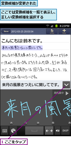 1 ここをタップ,ここでは変換候補を一覧で表示し、正しい変換候補を選択する　　　,変換候補が変更された