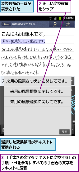 2 正しい変換候補をタップ　　　　,3 「手書きの文字をテキストに変換する」の手順1〜4を参考にすべての手書きの文字を　　テキストに変換　,変換候補の一覧が表示された　　　,選択した変換候補がテキストに変換される　　　　　　　　