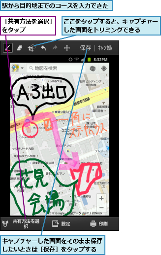 ここをタップすると、キャプチャーした画面をトリミングできる  　  ,キャプチャーした画面をそのまま保存したいときは［保存］をタップする,駅から目的地までのコースを入力できた,［共有方法を選択］をタップ    