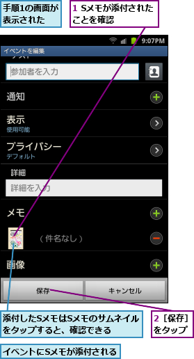 1 Sメモが添付されたことを確認    ,2［保存］をタップ,イベントにSメモが添付される,手順1の画面が表示された  ,添付したSメモはSメモのサムネイルをタップすると、確認できる  