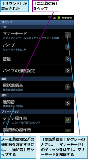 メール着信時などの通知音を設定するには、［通知音］をタップする,［サウンド］が表示された　,［電話着信音］がグレーのときは、［マナーモード］のチェックをはずし、マナーモードを解除する,［電話着信音］をタップ　　